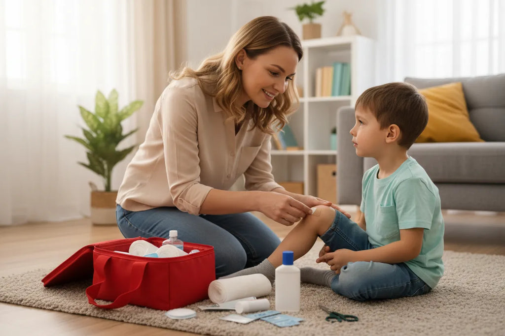 MOM HELPING HER CHILD WITH FIRST AID KIT 