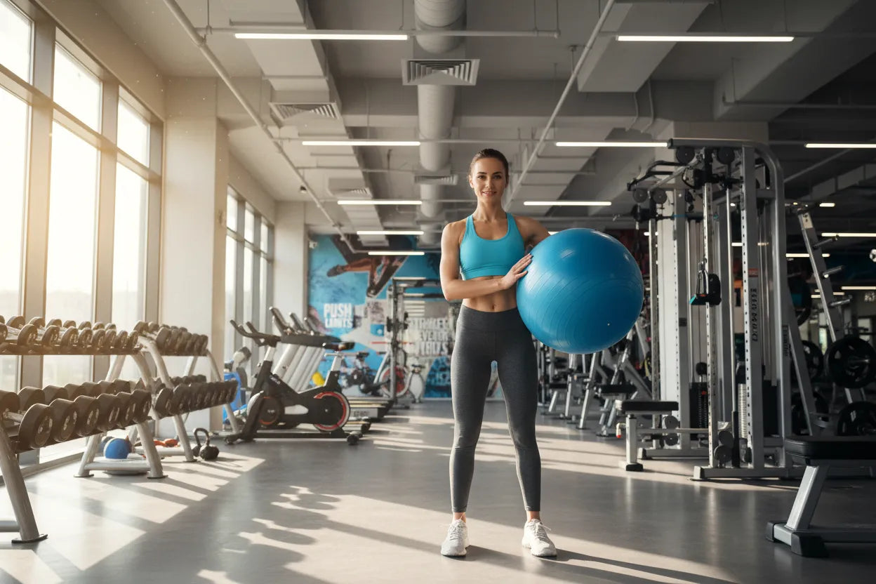 woman with a blue yoga ball in a gym