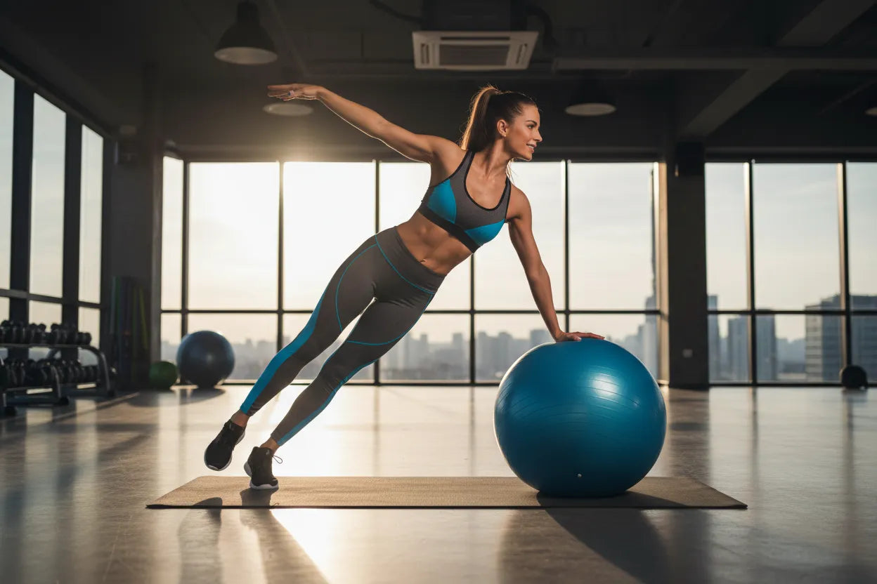 woman with a blue yoga ball
